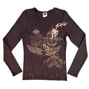 VTG Harley Davidson South Dakota V Neck Long  Sleeve Ribbed Cotton T-Shirt Large